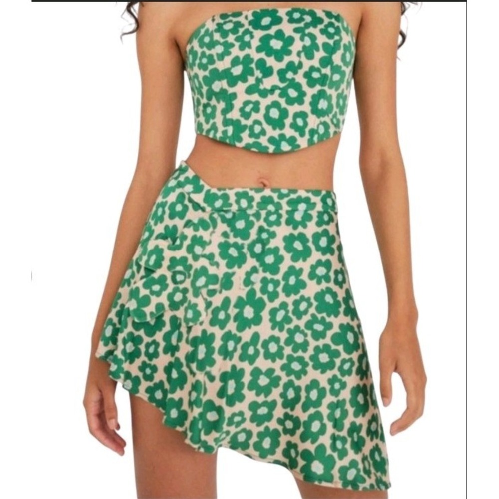 For Love & Lemons Mason Green & Beige Floral Satin Mini Skirt Medium New DEFECT